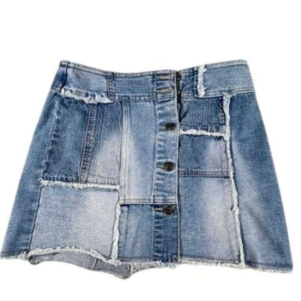 Squeeze Denim Mini Skirt Womens 5/6 Stephen Hardy Patchwork Frayed Raw Hem Blue